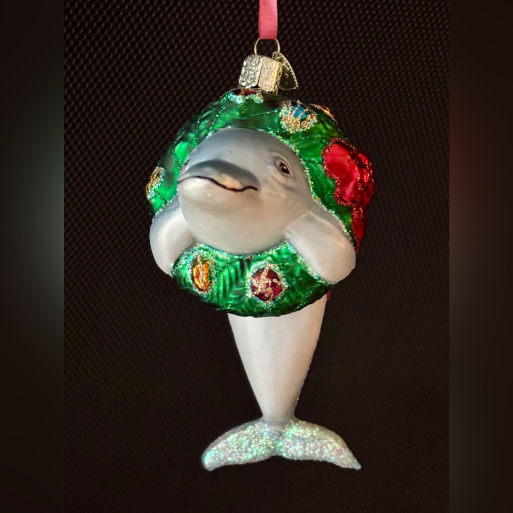 Christmas Dolphin Ornament by Old World Christmas. Blown Glass. Retired - Picture 2 of 5